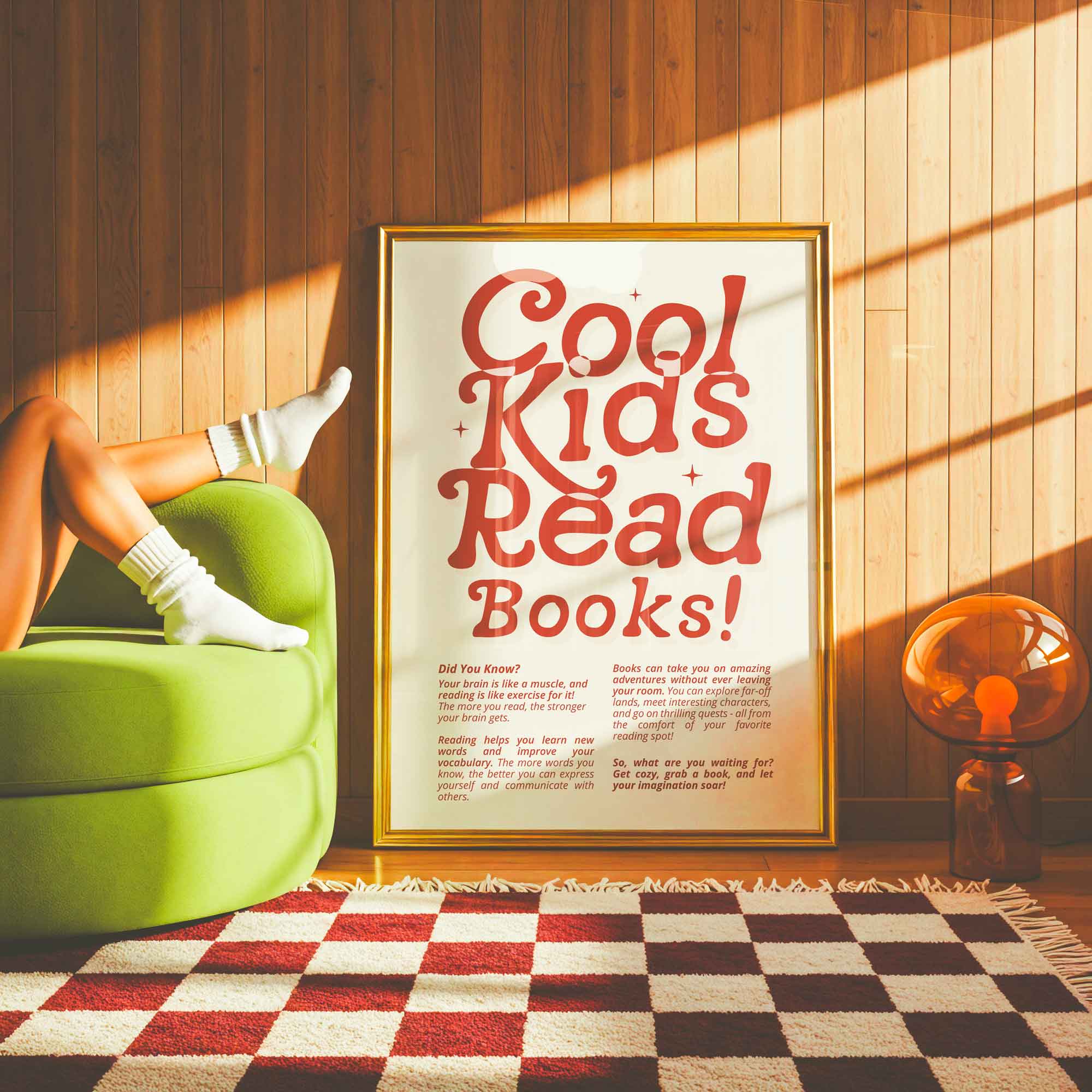 Bold “Cool Kids Read Books” retro-style typography print—fun literacy-themed wall art for kids' rooms, classrooms, or reading nooks.