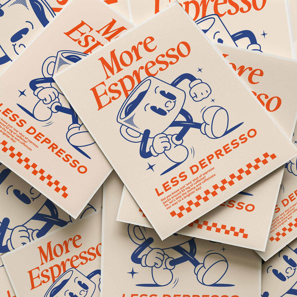Retro cartoon coffee cup art print with 'More Espresso Less Depresso' text in red and blue, perfect for coffee lovers.