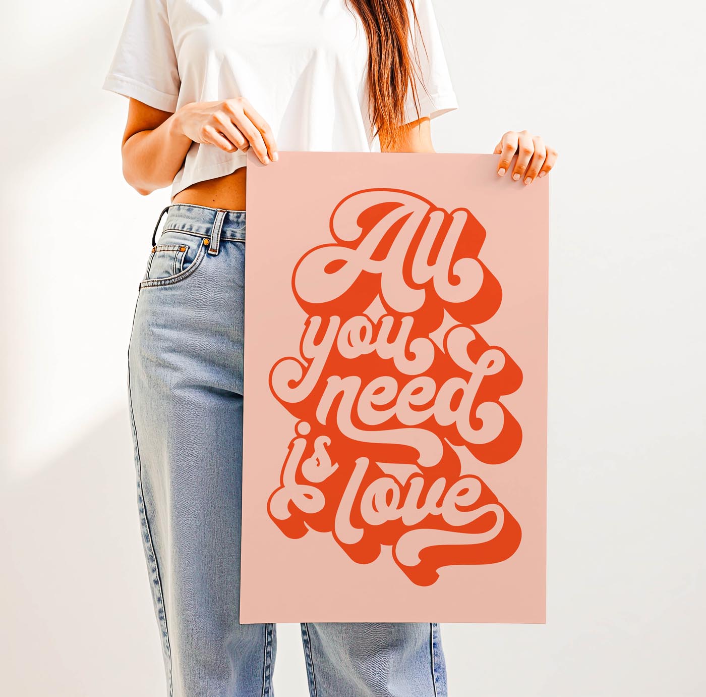 Trending “All You Need Is Love” quote in bold retro typography—groovy 70s-inspired wall art for gallery walls, bedrooms, or thoughtful gifts with heart.