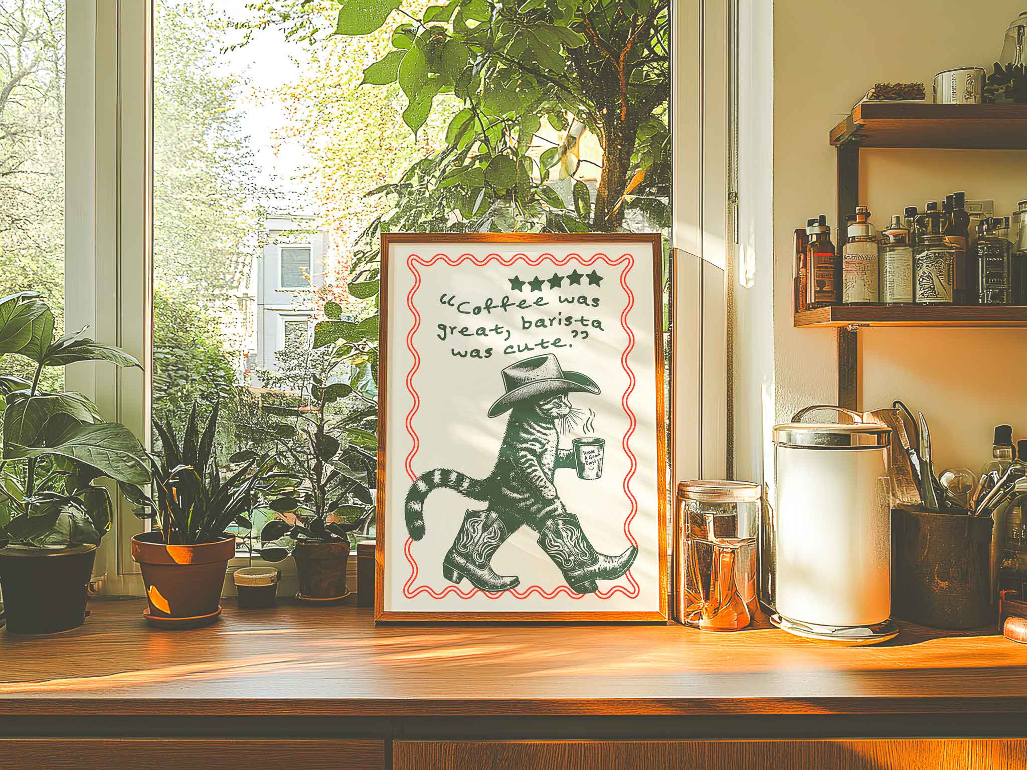 Funny retro coffee wall art featuring a cowboy cat with a cheeky quote — perfect for eclectic kitchens, coffee bars, or cozy corners.