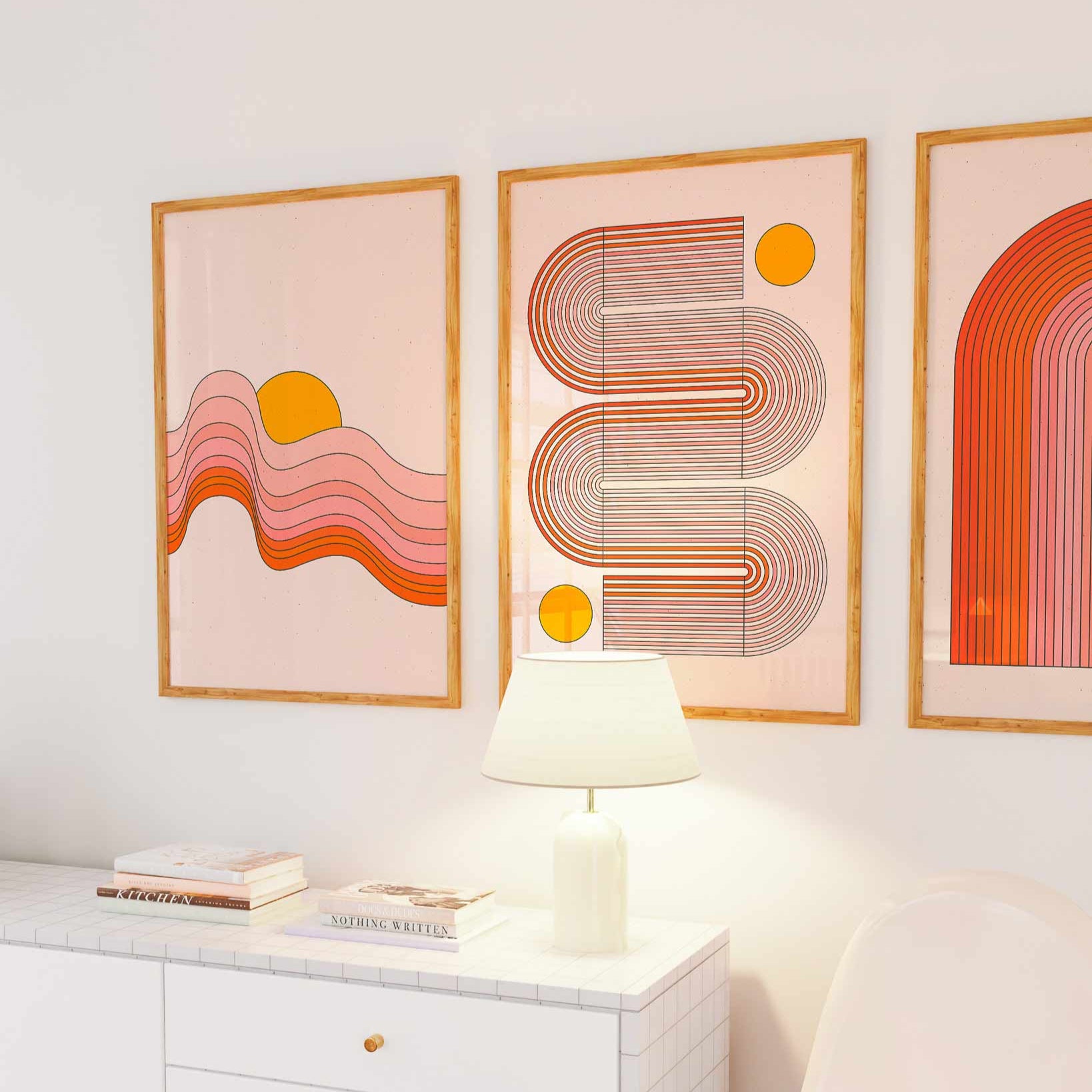 Set of three minimalist sunset-inspired abstract wall prints — ideal for modern living rooms, bedrooms, or gallery walls.