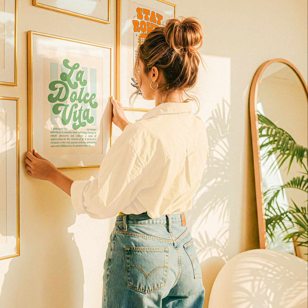 Modern gallery wall with retro quote art in golden frames — ideal for trendy home decor, living rooms, and minimalist aesthetic interiors.