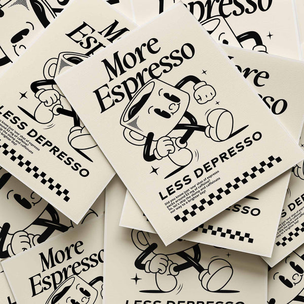 Playful cartoon coffee cup with text