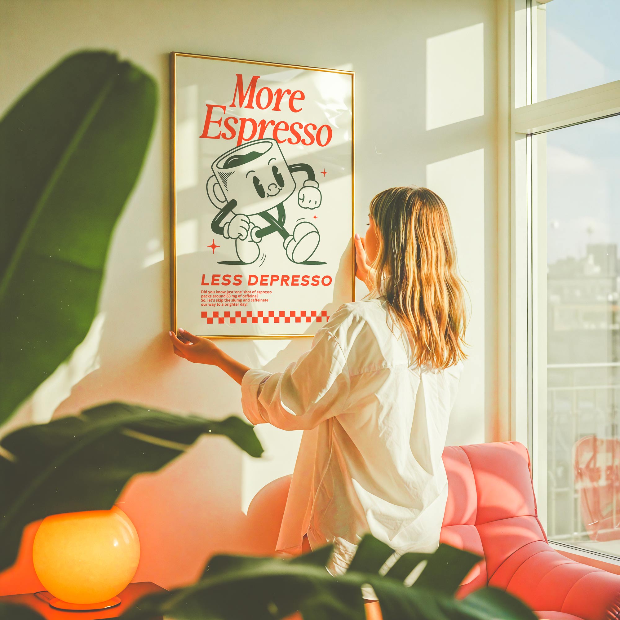 Cheeky “More Espresso Less Depresso” coffee quote in retro typography—fun kitchen or café wall art for espresso lovers and cozy mornings.