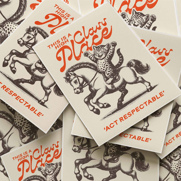 Funny cat riding a horse with retro western style text