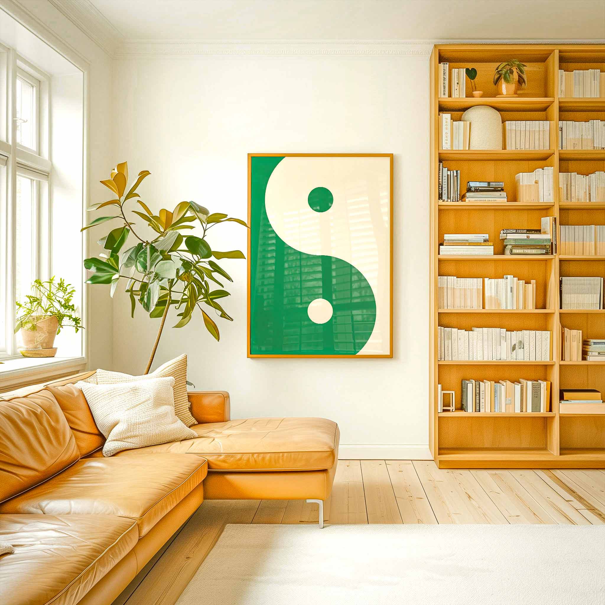Bold green yin-yang modern art print — clean, calming wall decor for balanced living rooms, meditation spaces, or studios.