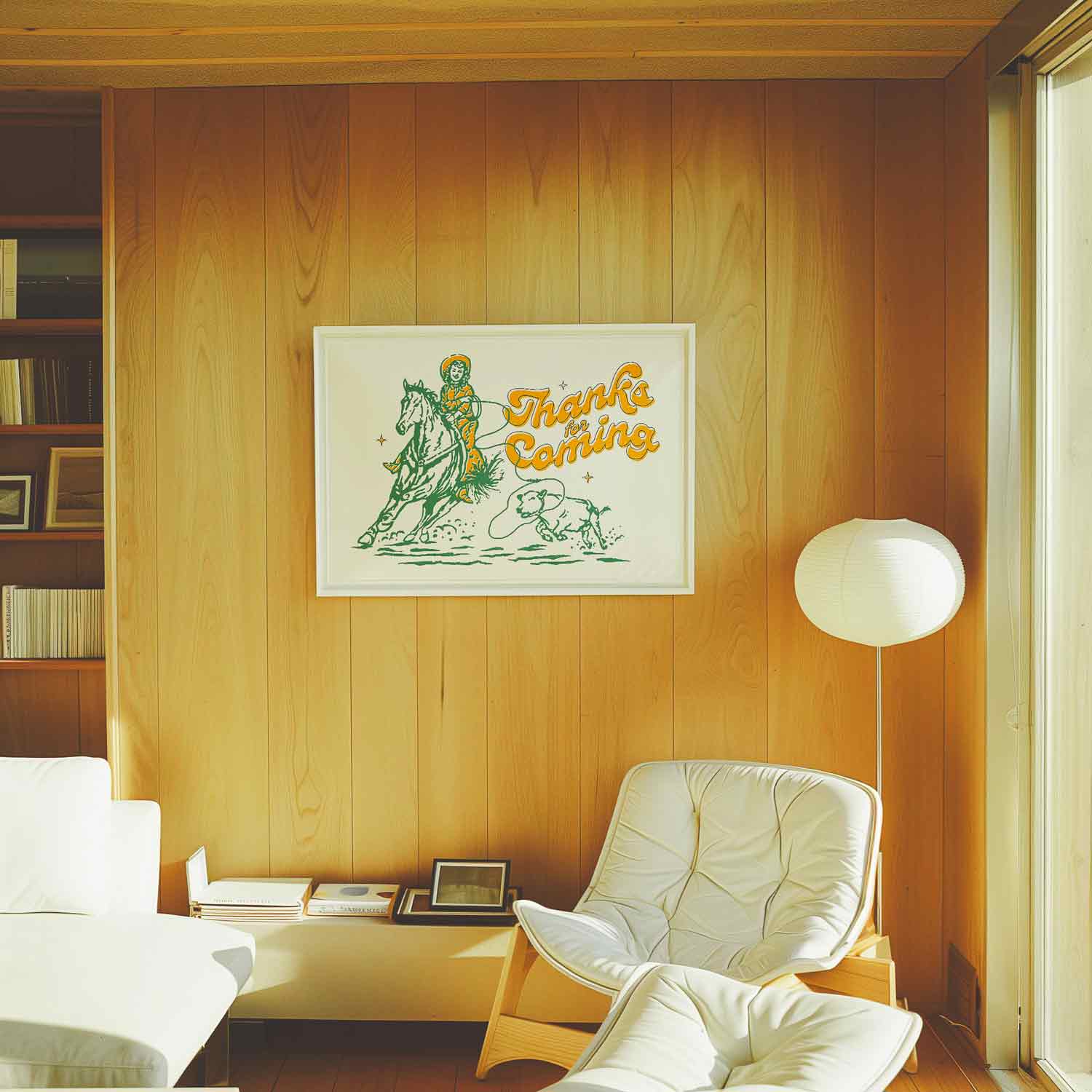 Retro western wall art featuring a vintage cowgirl riding a horse with bold text that says ‘Thanks for Coming.’ Playful cowboy-style home décor print with a rustic 70s vibe.