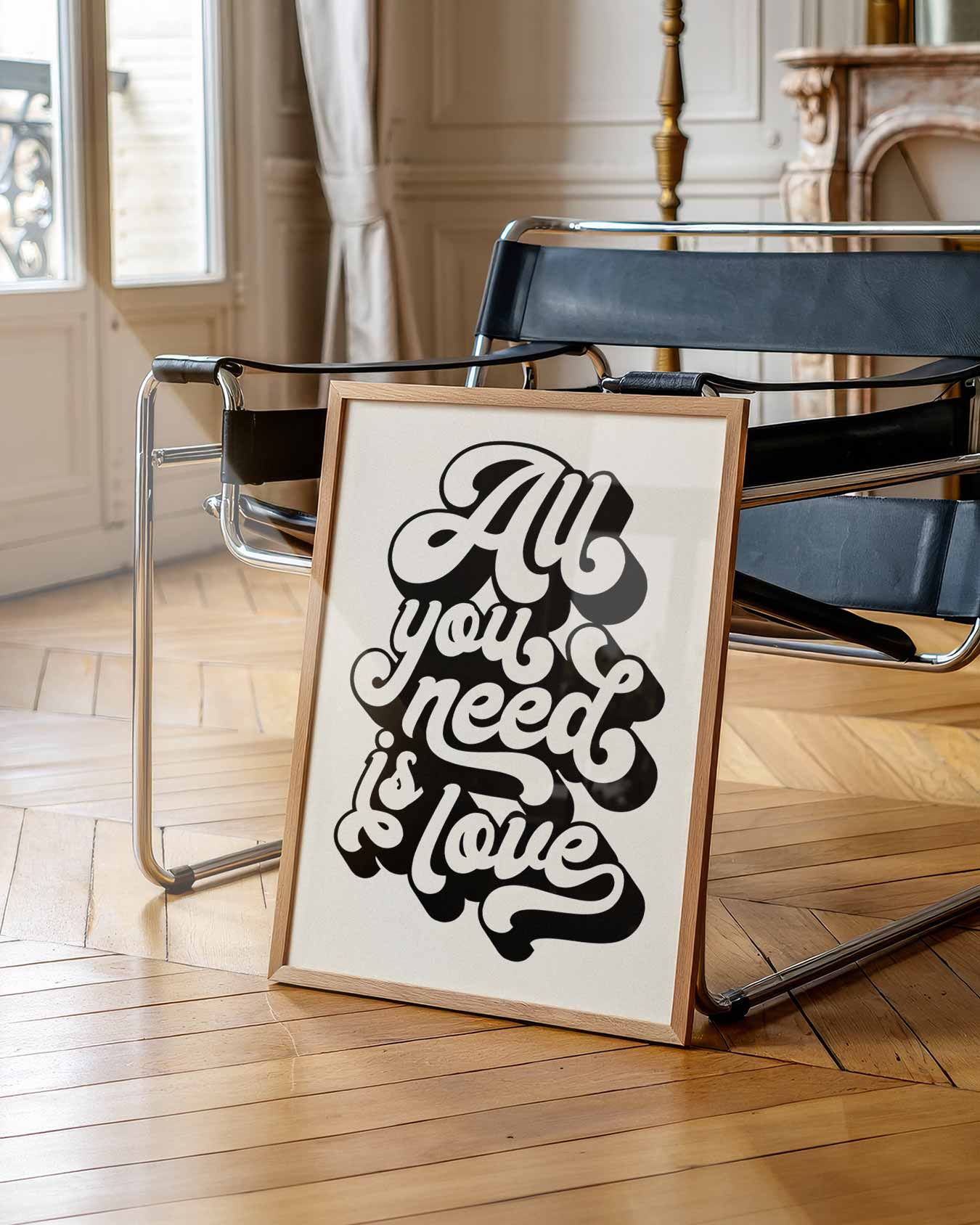 Trending “All You Need Is Love” quote in bold retro typography—groovy 70s wall art with heart for gallery walls, gifts, or cozy spaces.