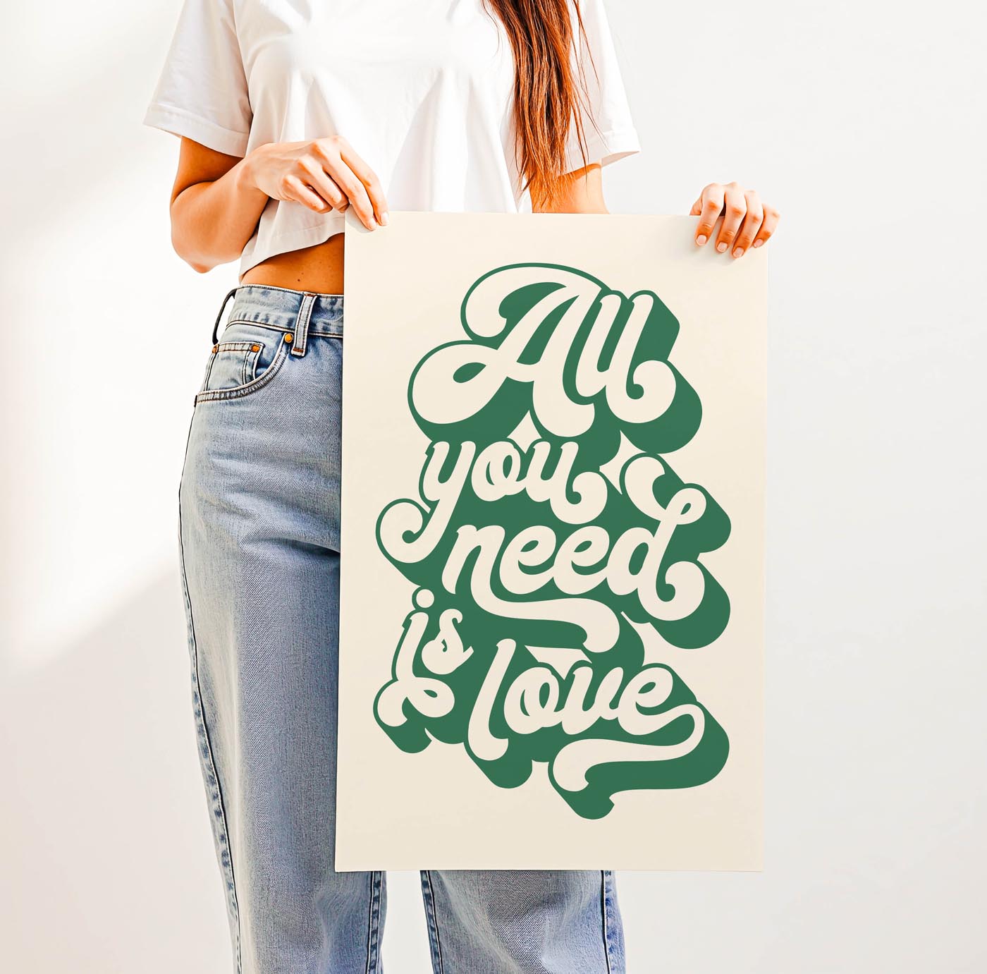 Trending “All You Need Is Love” quote in bold retro typography—groovy 70s-inspired wall art for gallery walls, bedrooms, or thoughtful gifts with heart.
