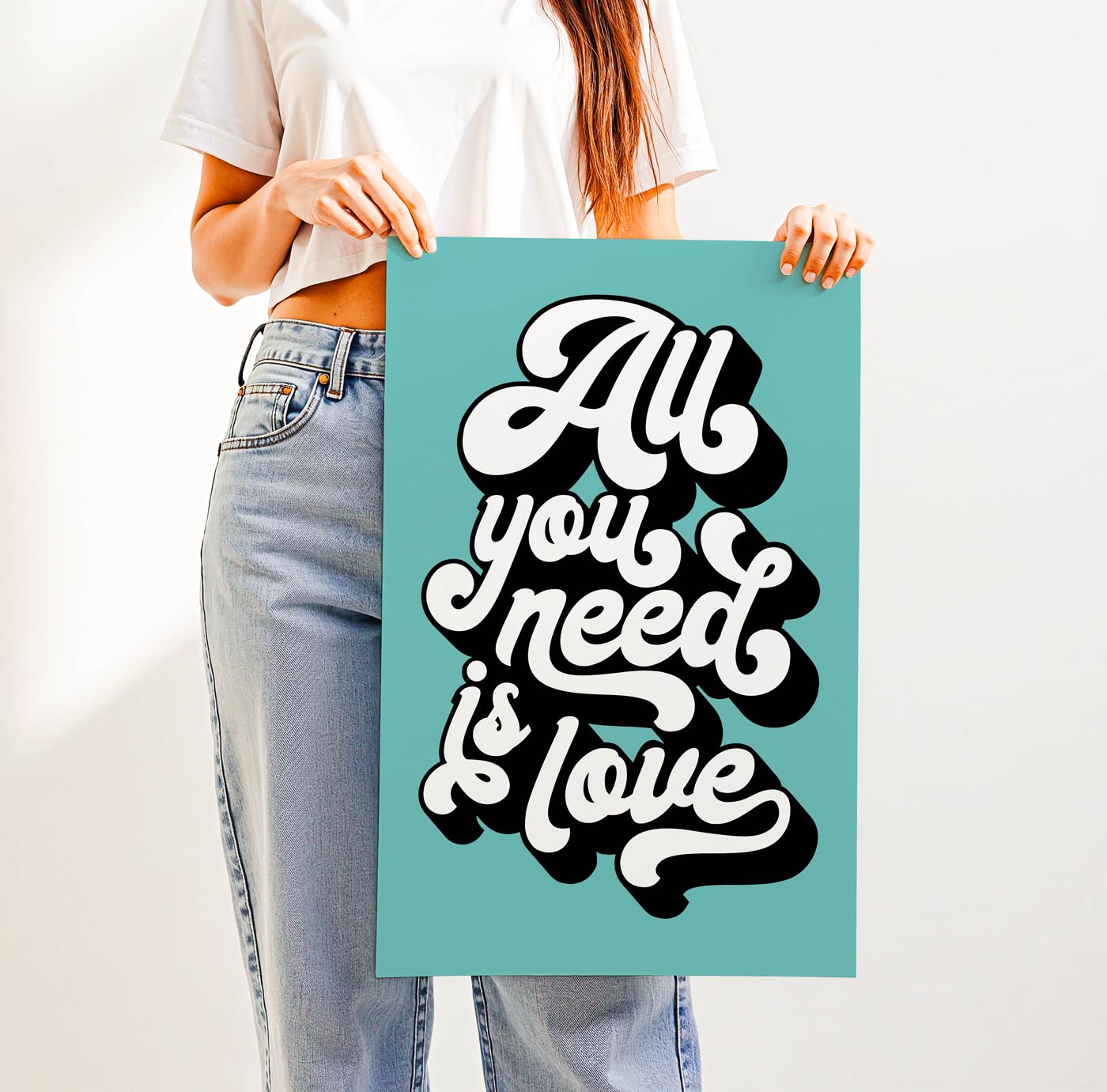Trending “All You Need Is Love” quote in bold retro typography—groovy 70s-inspired wall art for gallery walls, bedrooms, or thoughtful gifts with heart.