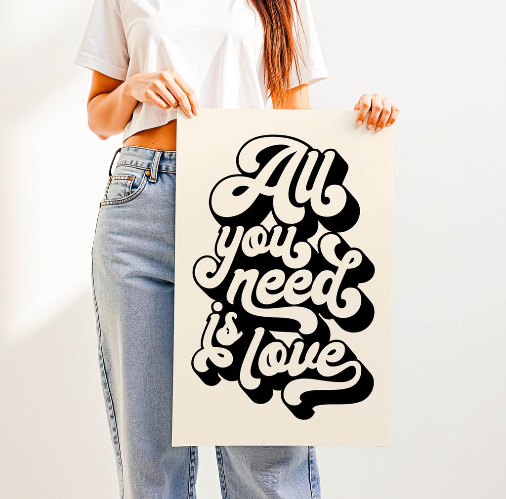 Trending “All You Need Is Love” quote in bold retro typography—groovy 70s-inspired wall art for gallery walls, bedrooms, or thoughtful gifts with heart.