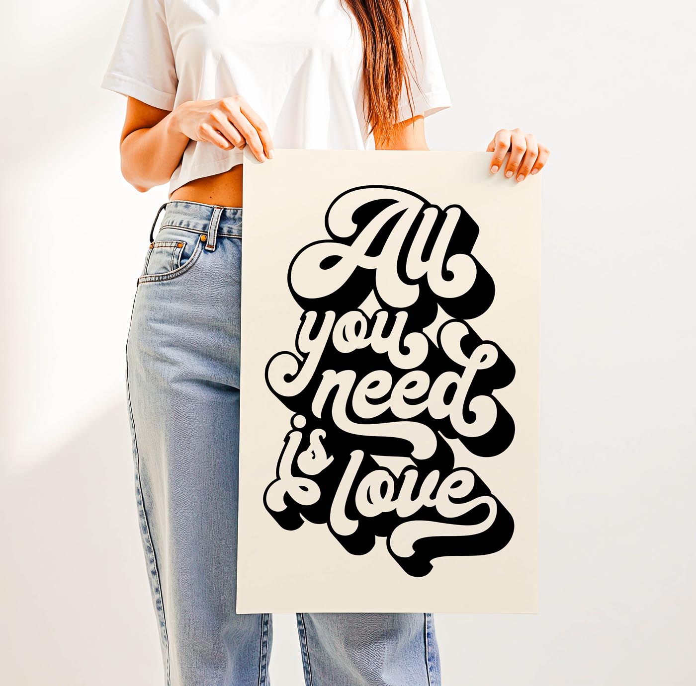 Trending “All You Need Is Love” quote in bold retro typography—groovy 70s-inspired wall art for gallery walls, bedrooms, or thoughtful gifts with heart.