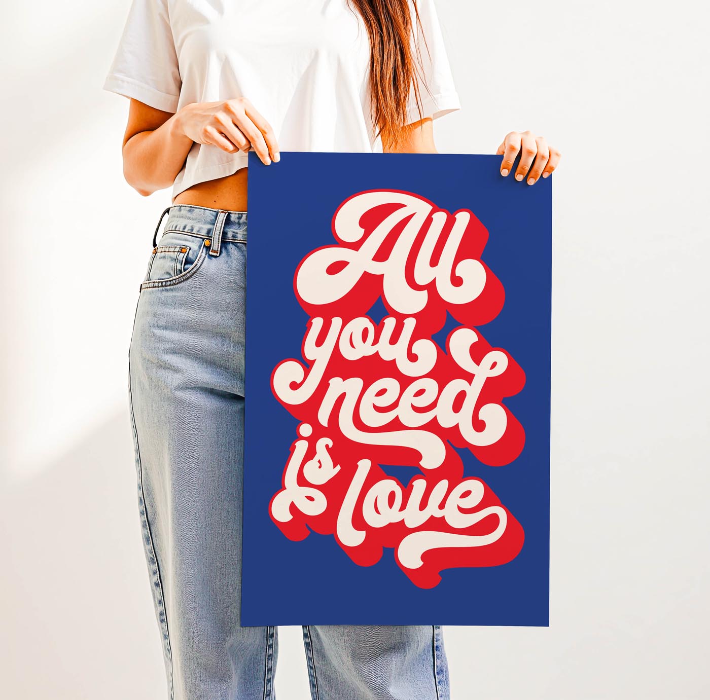 Trending “All You Need Is Love” quote in bold retro typography—groovy 70s-inspired wall art for gallery walls, bedrooms, or thoughtful gifts with heart.
