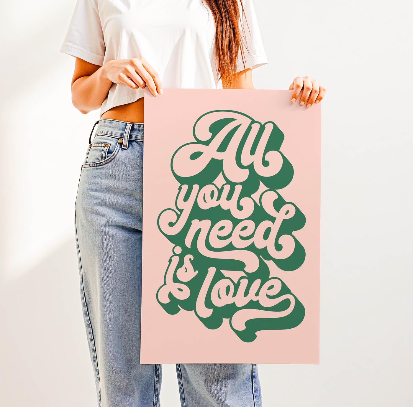 Trending “All You Need Is Love” quote in bold retro typography—groovy 70s-inspired wall art for gallery walls, bedrooms, or thoughtful gifts with heart.