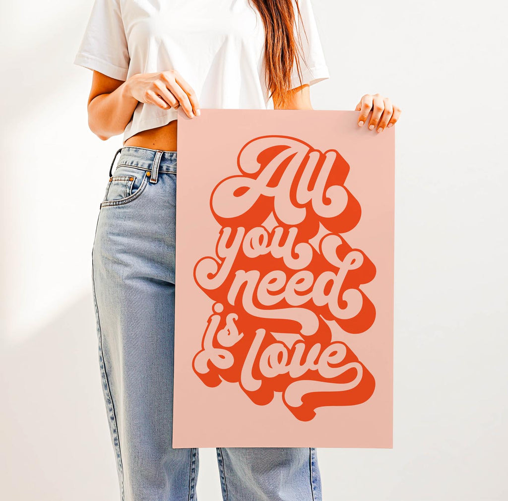 Trending “All You Need Is Love” quote in bold retro typography—groovy 70s-inspired wall art for gallery walls, bedrooms, or thoughtful gifts with heart.
