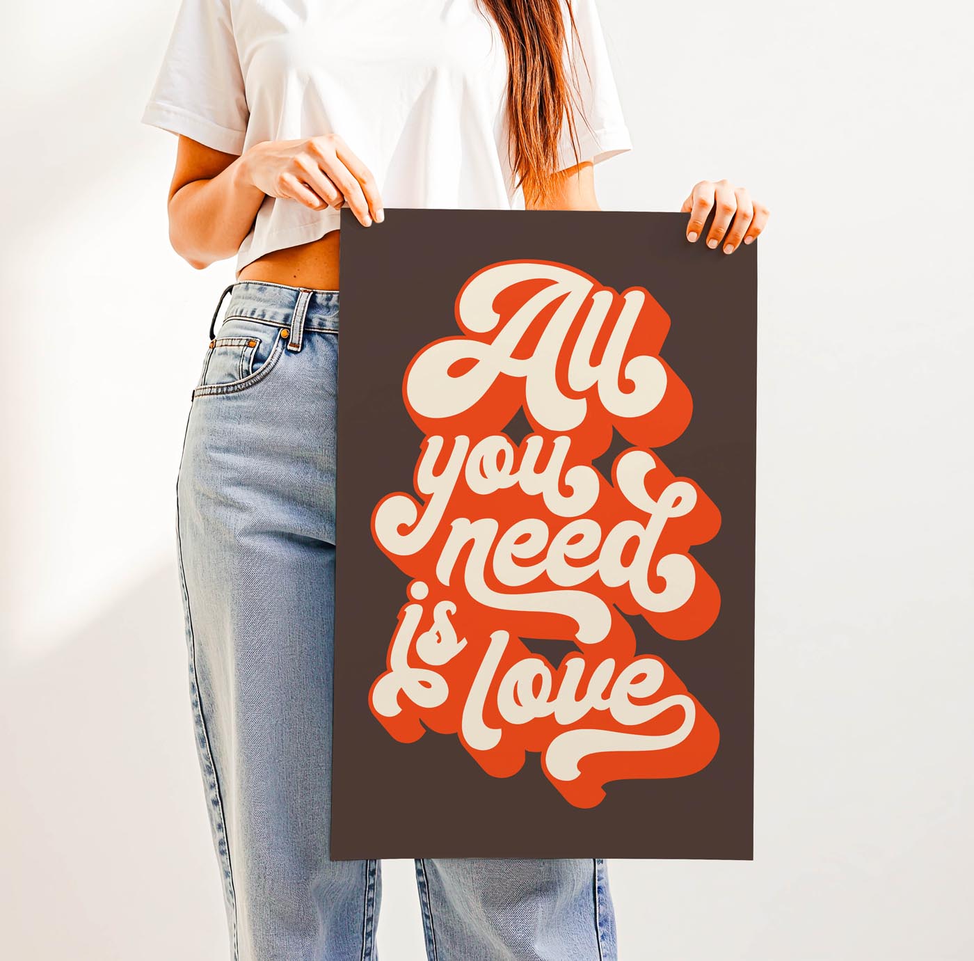 Trending “All You Need Is Love” quote in bold retro typography—groovy 70s-inspired wall art for gallery walls, bedrooms, or thoughtful gifts with heart.