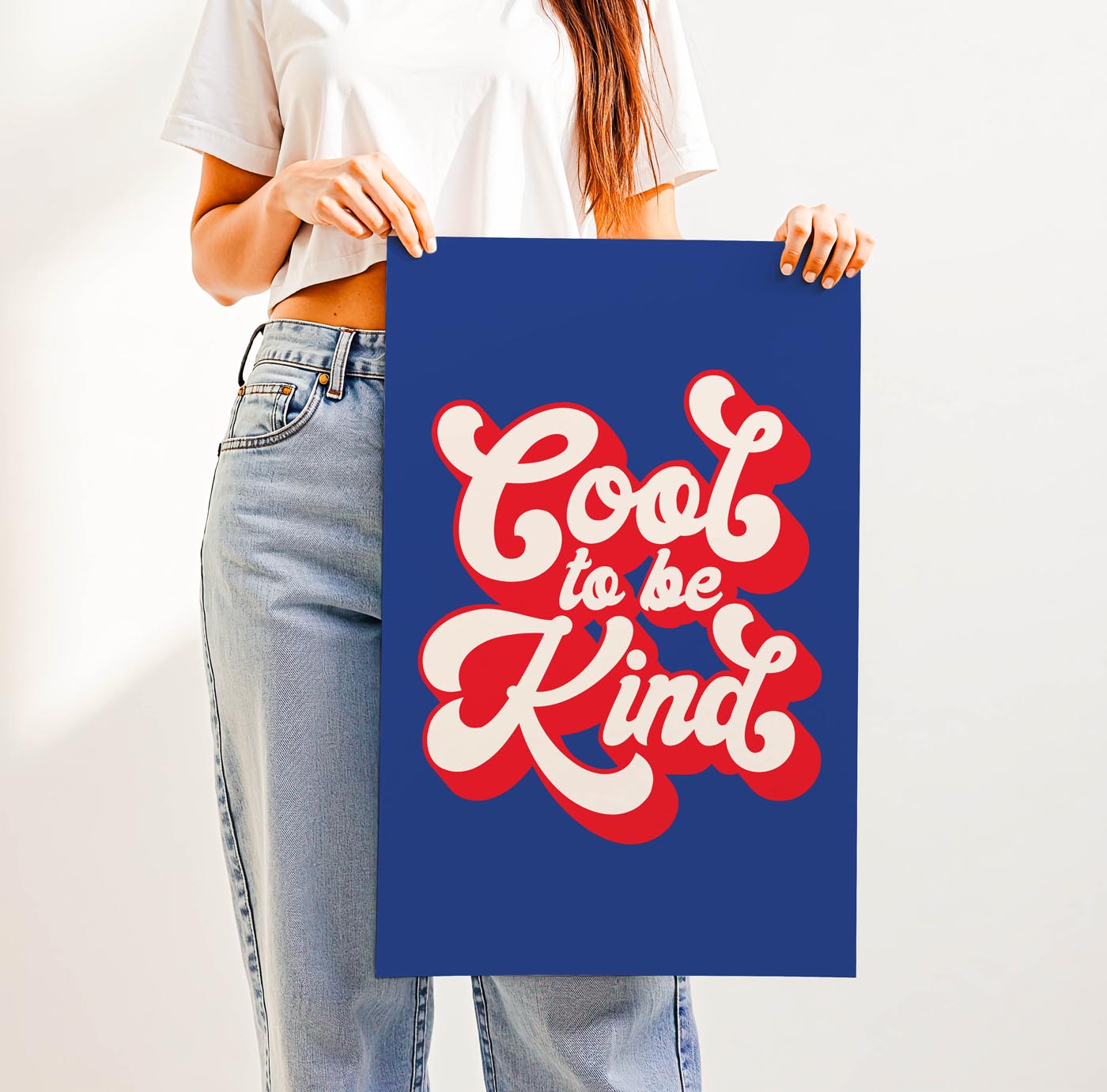 Groovy 70s-style “Cool to Be Kind” retro typography print with bold, playful lettering—positive affirmation wall art for classrooms, dorms, or vintage-inspired spaces.
