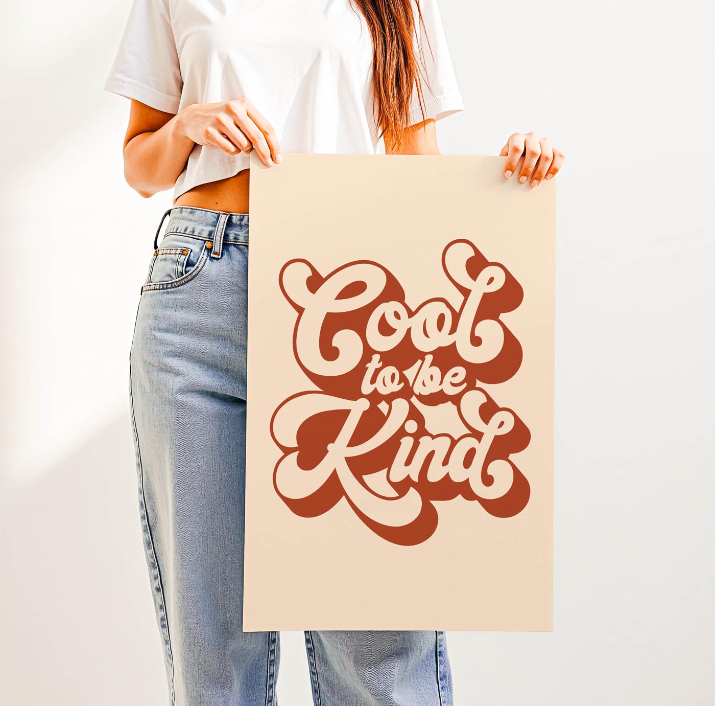 Groovy 70s-style “Cool to Be Kind” retro typography print with bold, playful lettering—positive affirmation wall art for classrooms, dorms, or vintage-inspired spaces.
