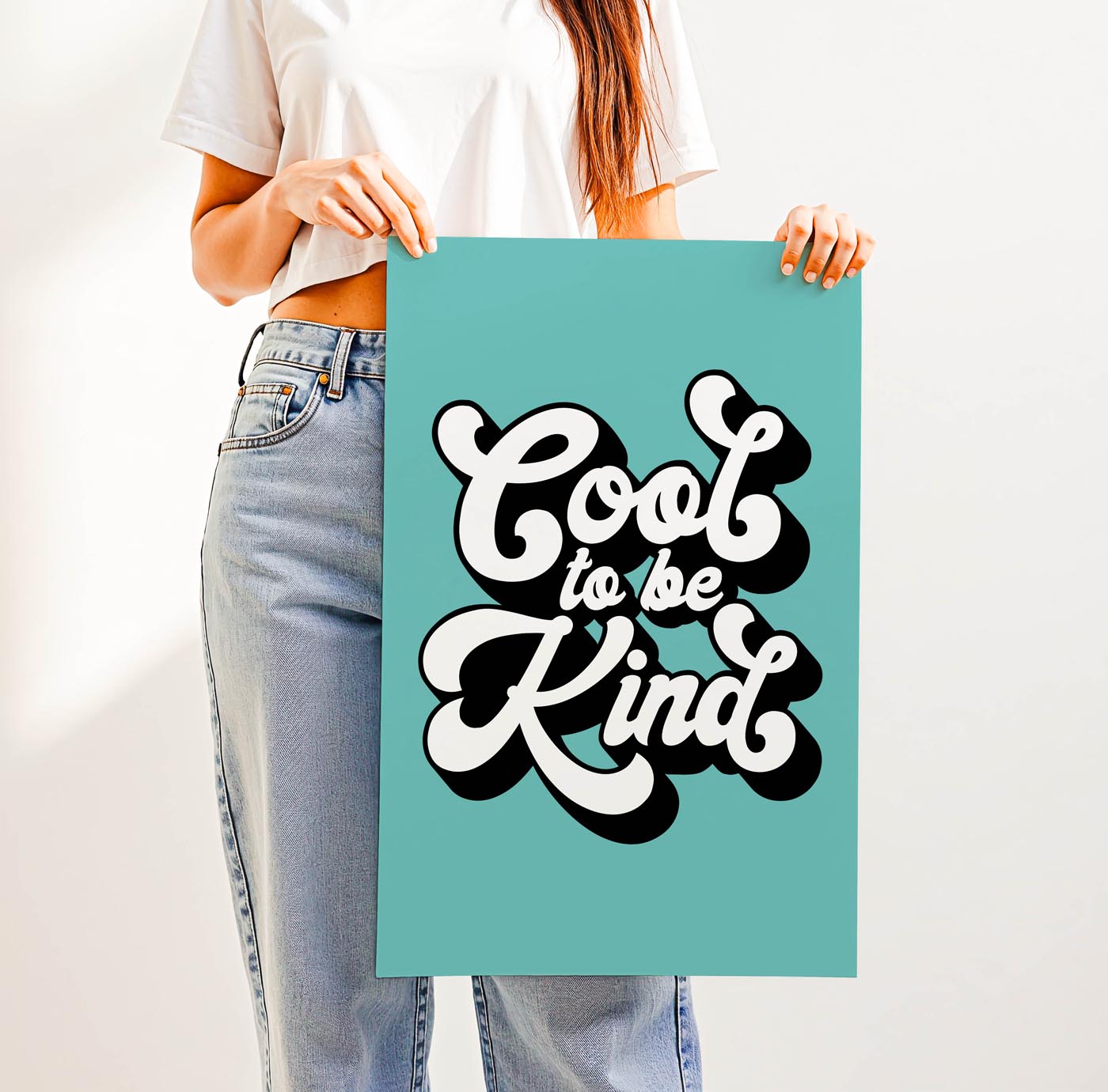 Groovy 70s-style “Cool to Be Kind” retro typography print with bold, playful lettering—positive affirmation wall art for classrooms, dorms, or vintage-inspired spaces.