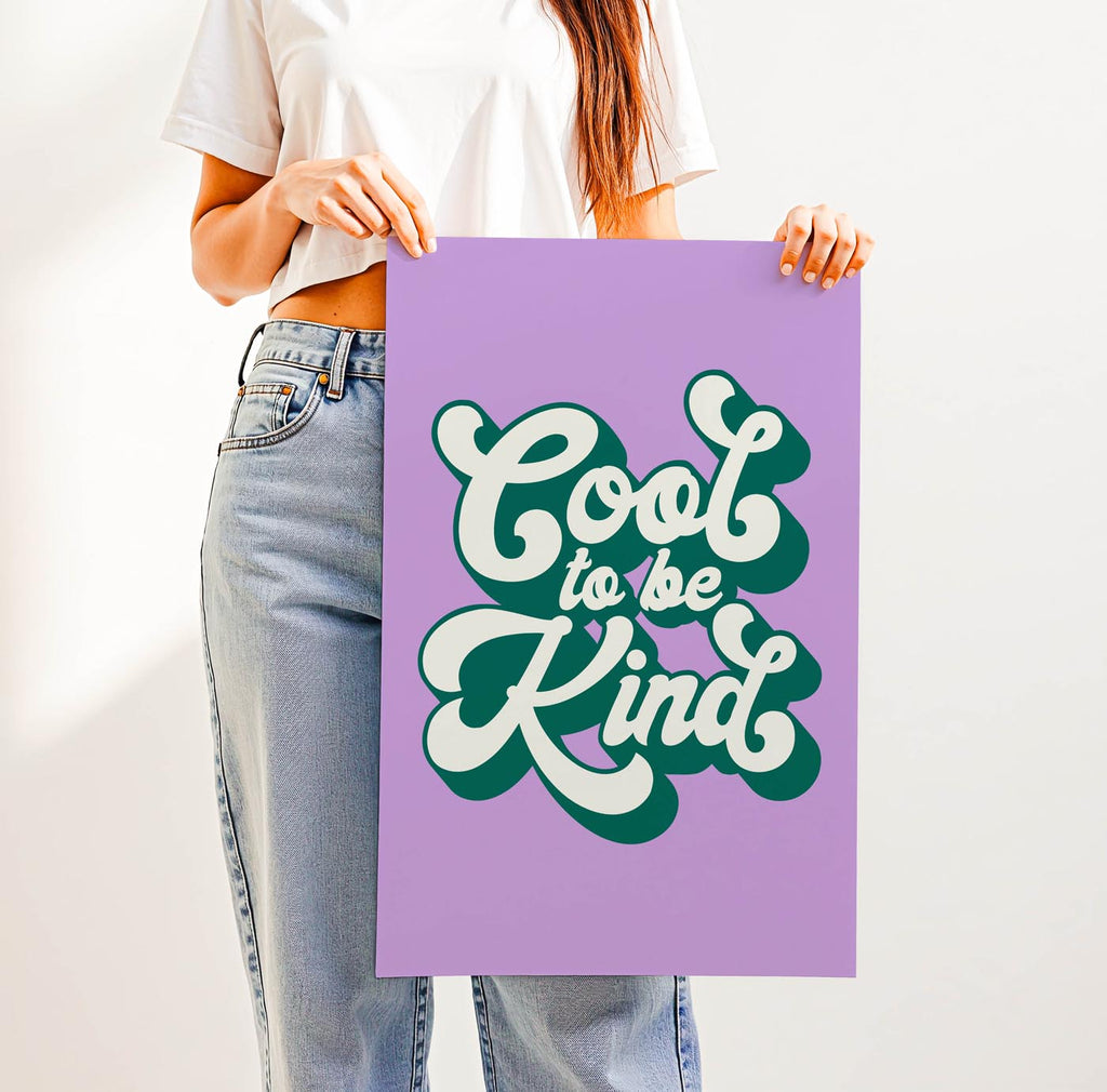 Groovy 70s-style “Cool to Be Kind” retro typography print with bold, playful lettering—positive affirmation wall art for classrooms, dorms, or vintage-inspired spaces.