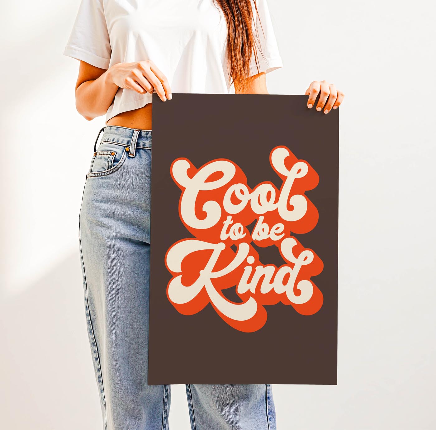 Groovy 70s-style “Cool to Be Kind” retro typography print with bold, playful lettering—positive affirmation wall art for classrooms, dorms, or vintage-inspired spaces.