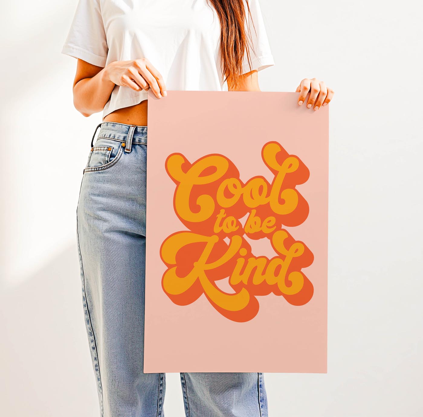 Groovy 70s-style “Cool to Be Kind” retro typography print with bold, playful lettering—positive affirmation wall art for classrooms, dorms, or vintage-inspired spaces.