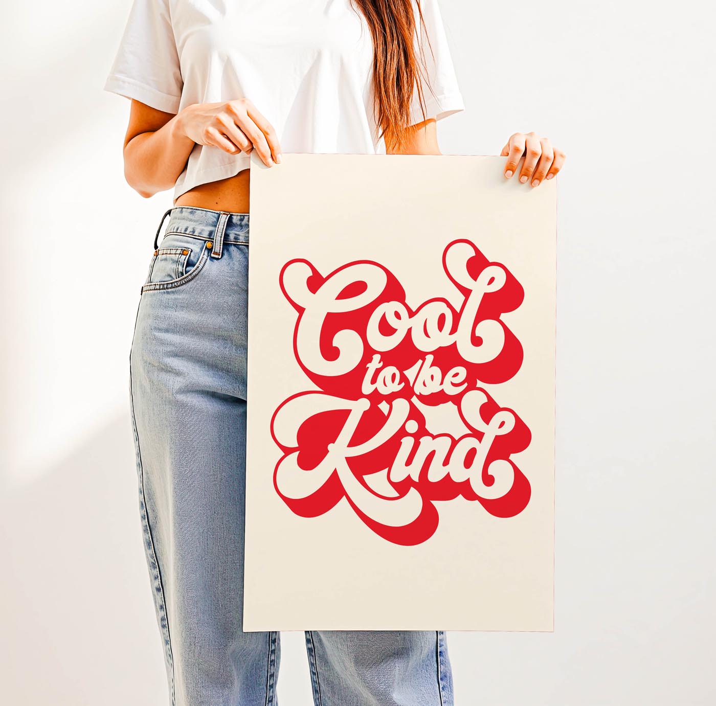Groovy 70s-style “Cool to Be Kind” retro typography print with bold, playful lettering—positive affirmation wall art for classrooms, dorms, or vintage-inspired spaces.
