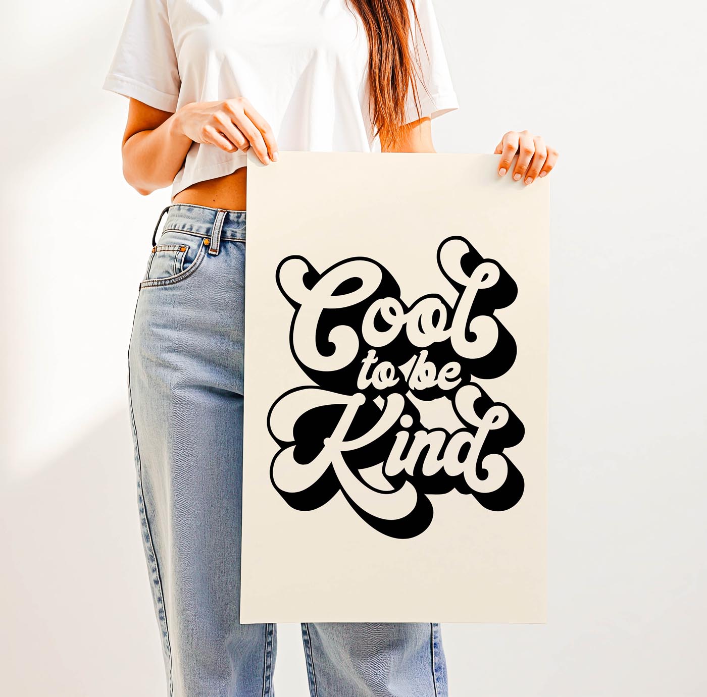 Groovy 70s-style “Cool to Be Kind” retro typography print with bold, playful lettering—positive affirmation wall art for classrooms, dorms, or vintage-inspired spaces.