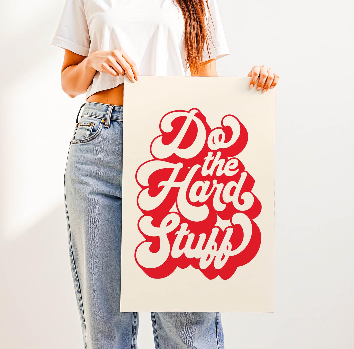 Retro “Do the Hard Stuff” motivational wall art in bold 70s typography, perfect for classrooms, offices, or study spaces to inspire grit and resilience.