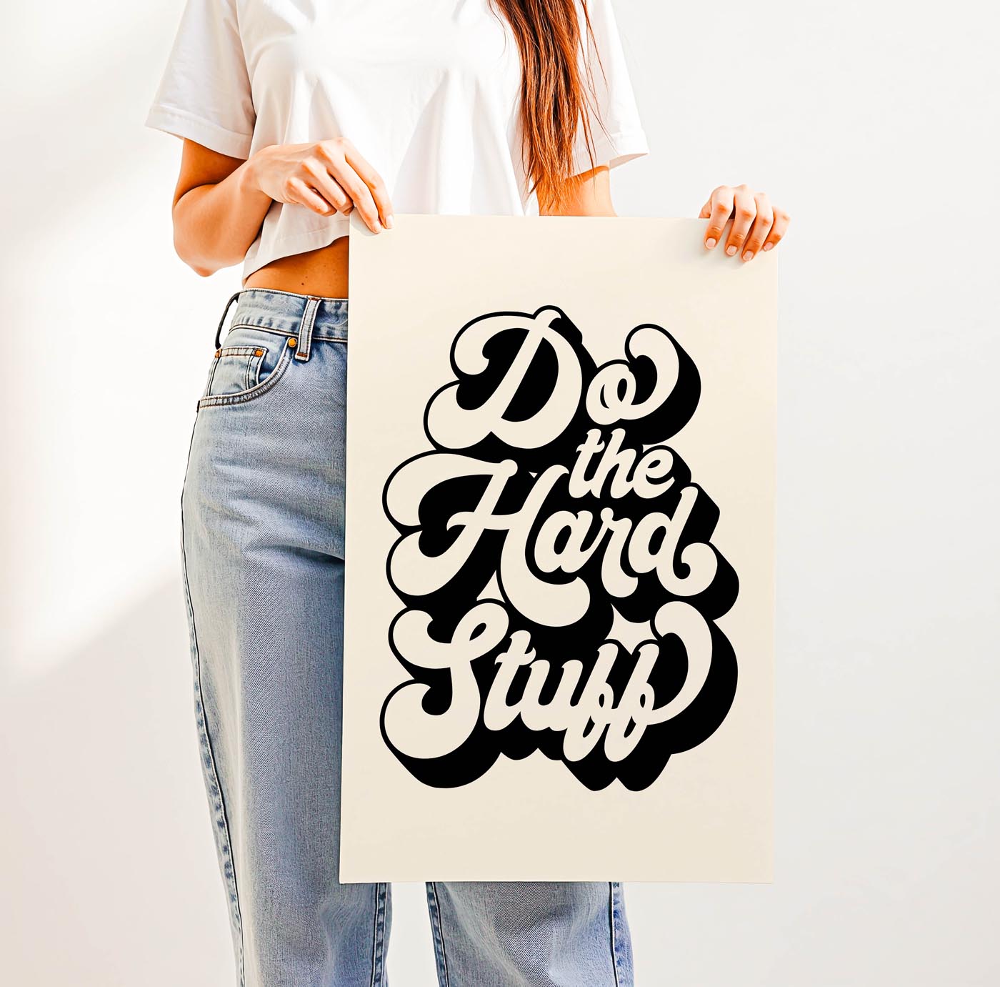 Retro “Do the Hard Stuff” motivational wall art in bold 70s typography, perfect for classrooms, offices, or study spaces to inspire grit and resilience.