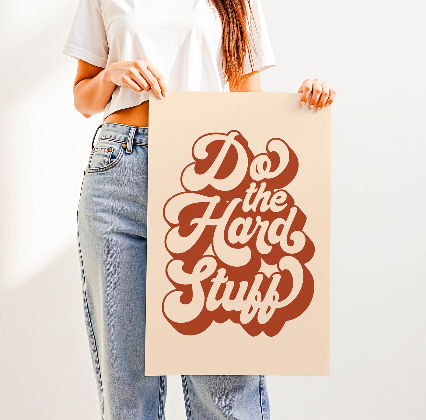 Retro “Do the Hard Stuff” motivational wall art in bold 70s typography, perfect for classrooms, offices, or study spaces to inspire grit and resilience.