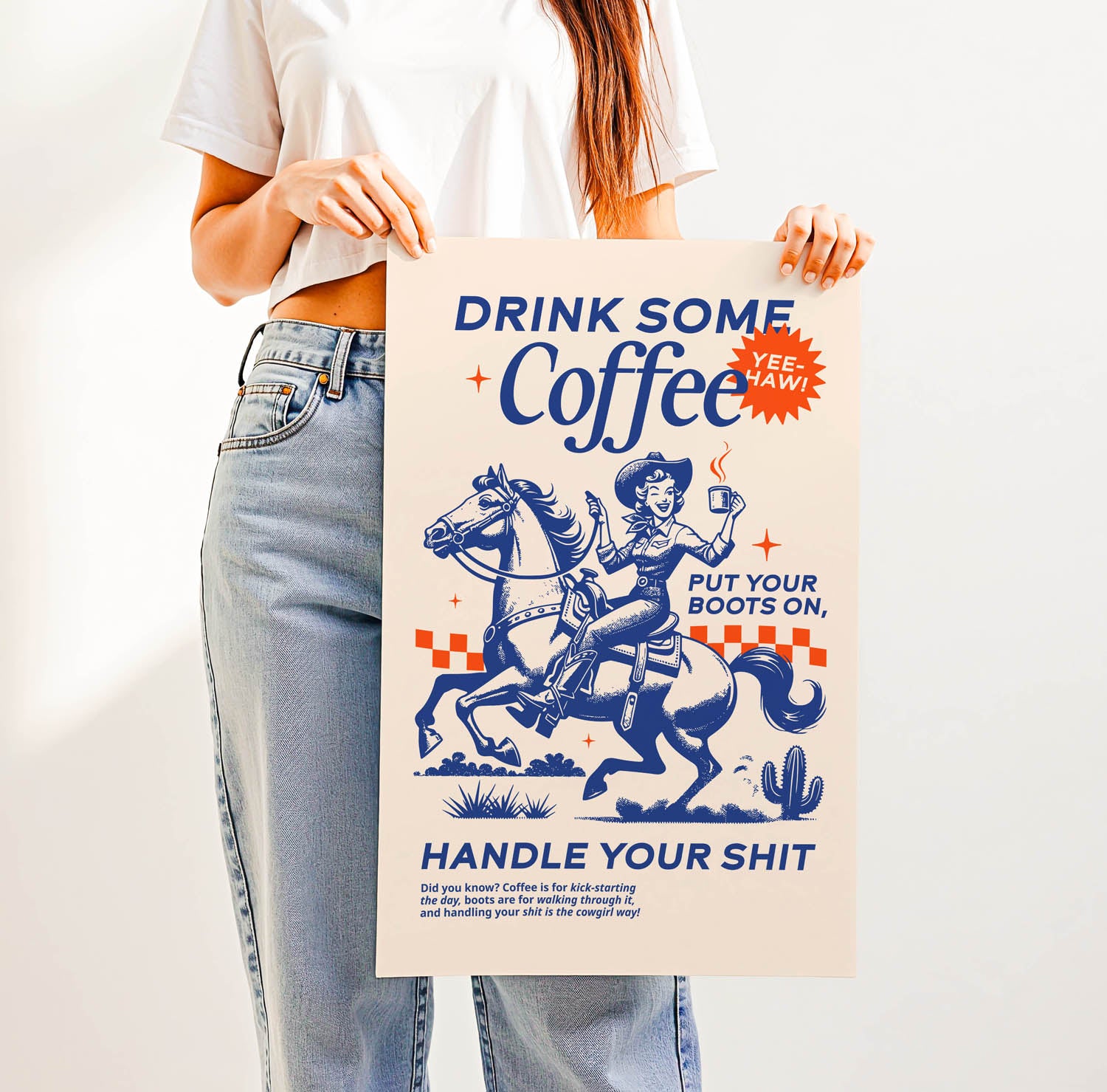 Western-inspired coffee print that says “Drink Some Coffee, Put Your Boots On, Handle Your Sh*t” — sassy retro kitchen or country home decor.