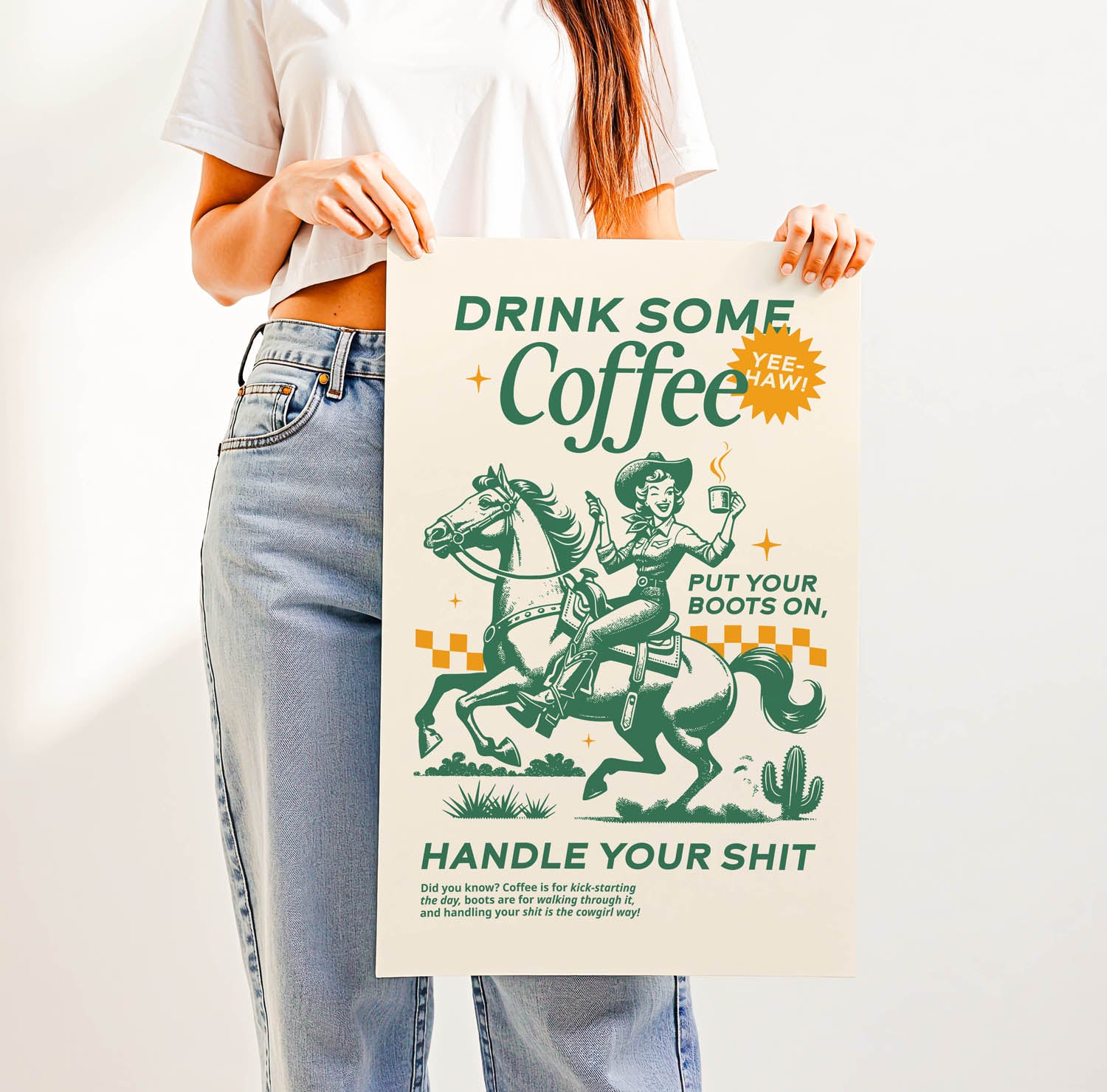 Western-inspired coffee print that says “Drink Some Coffee, Put Your Boots On, Handle Your Sh*t” — sassy retro kitchen or country home decor.