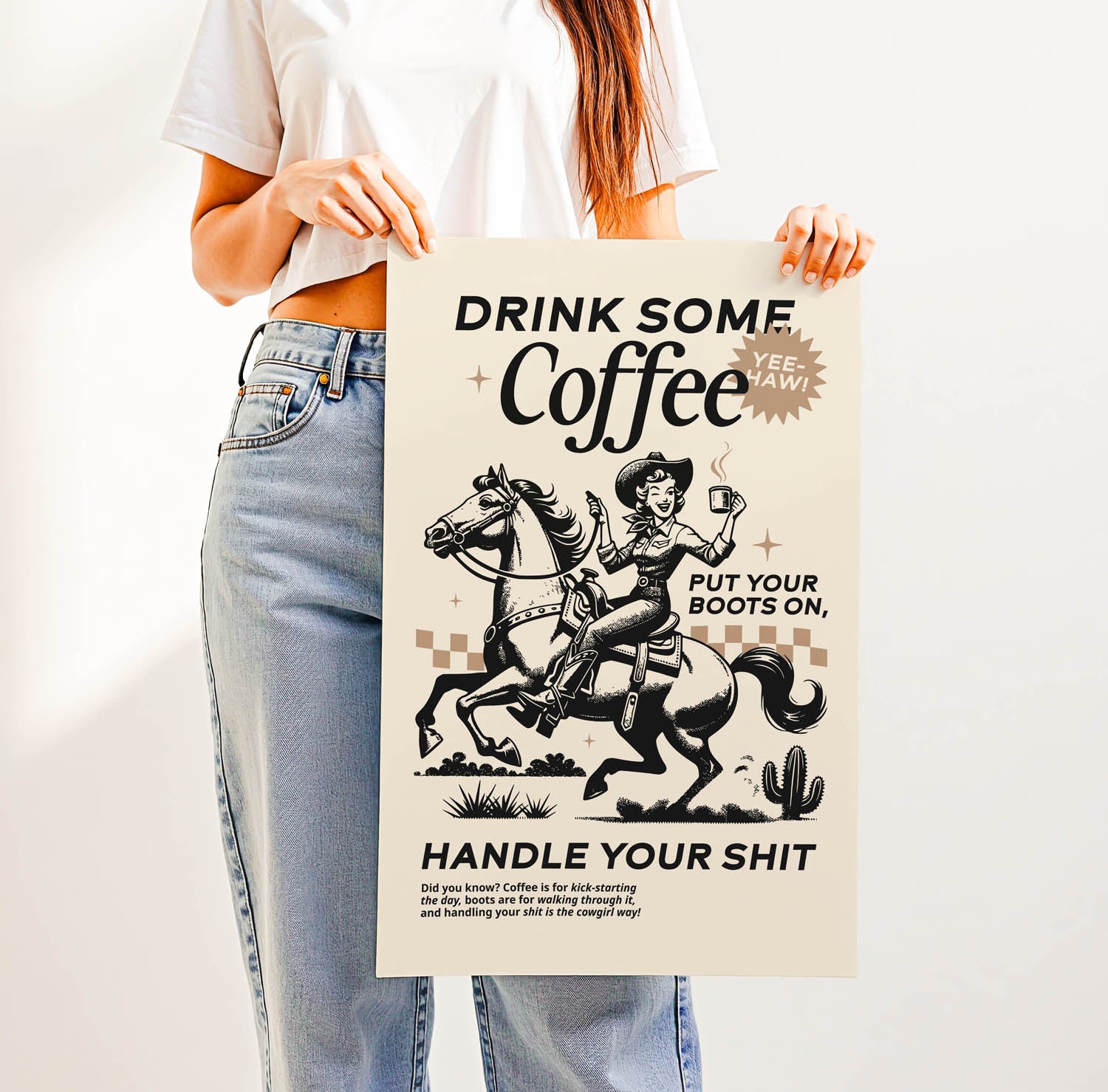 Western-inspired coffee print that says “Drink Some Coffee, Put Your Boots On, Handle Your Sh*t” — sassy retro kitchen or country home decor.
