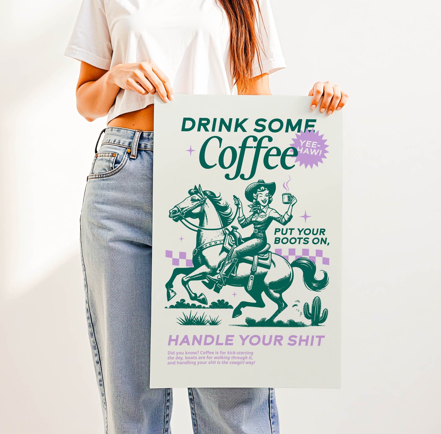 Western-inspired coffee print that says “Drink Some Coffee, Put Your Boots On, Handle Your Sh*t” — sassy retro kitchen or country home decor.