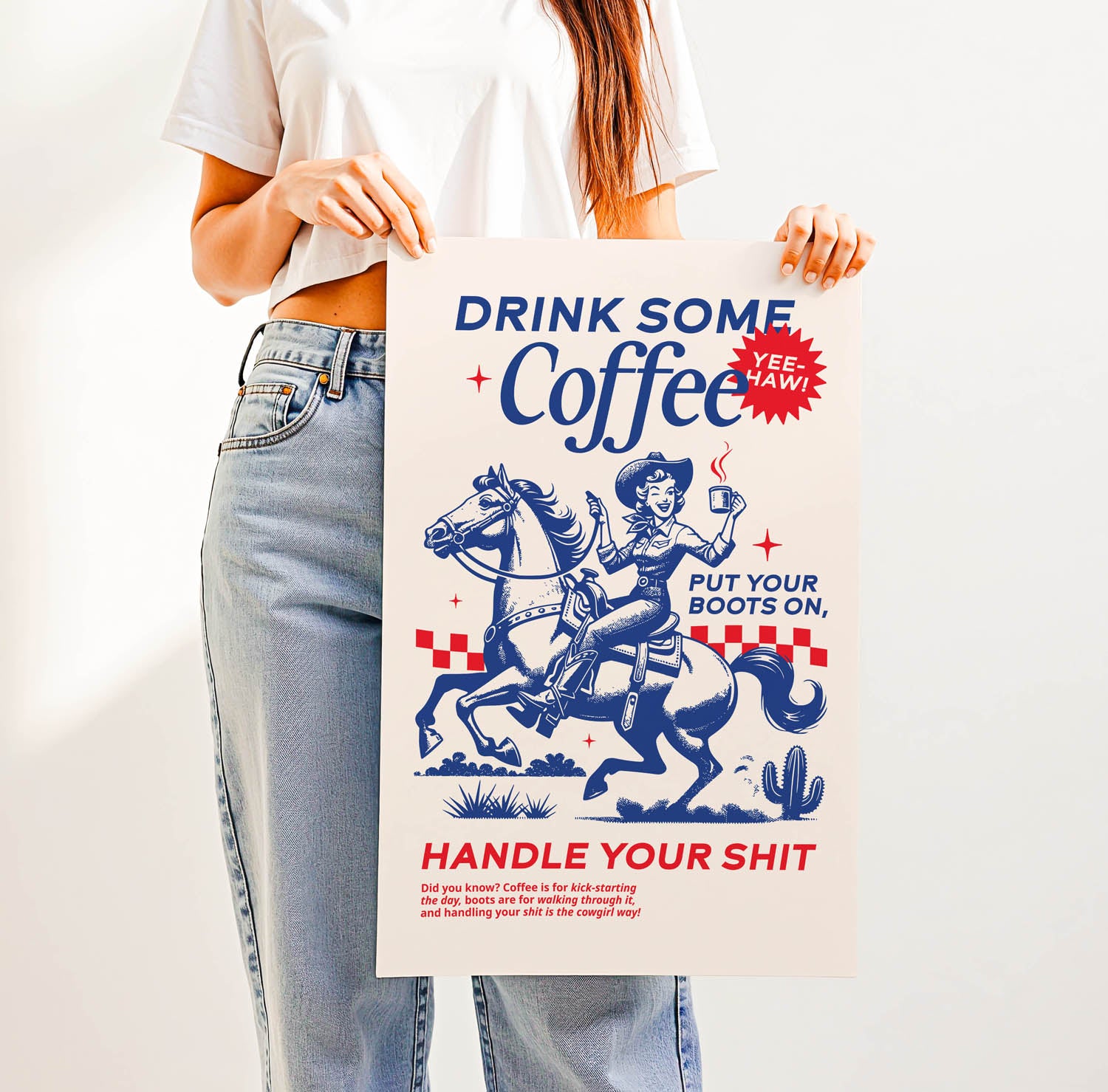 Western-inspired coffee print that says “Drink Some Coffee, Put Your Boots On, Handle Your Sh*t” — sassy retro kitchen or country home decor.