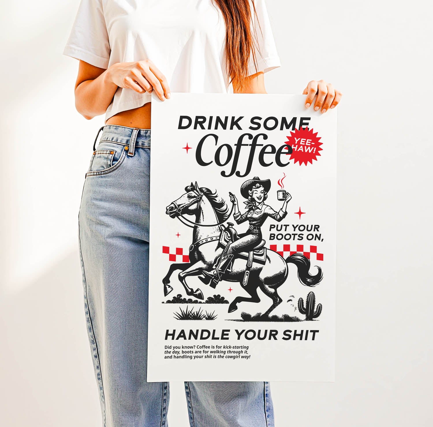 Western-inspired coffee print that says “Drink Some Coffee, Put Your Boots On, Handle Your Sh*t” — sassy retro kitchen or country home decor.