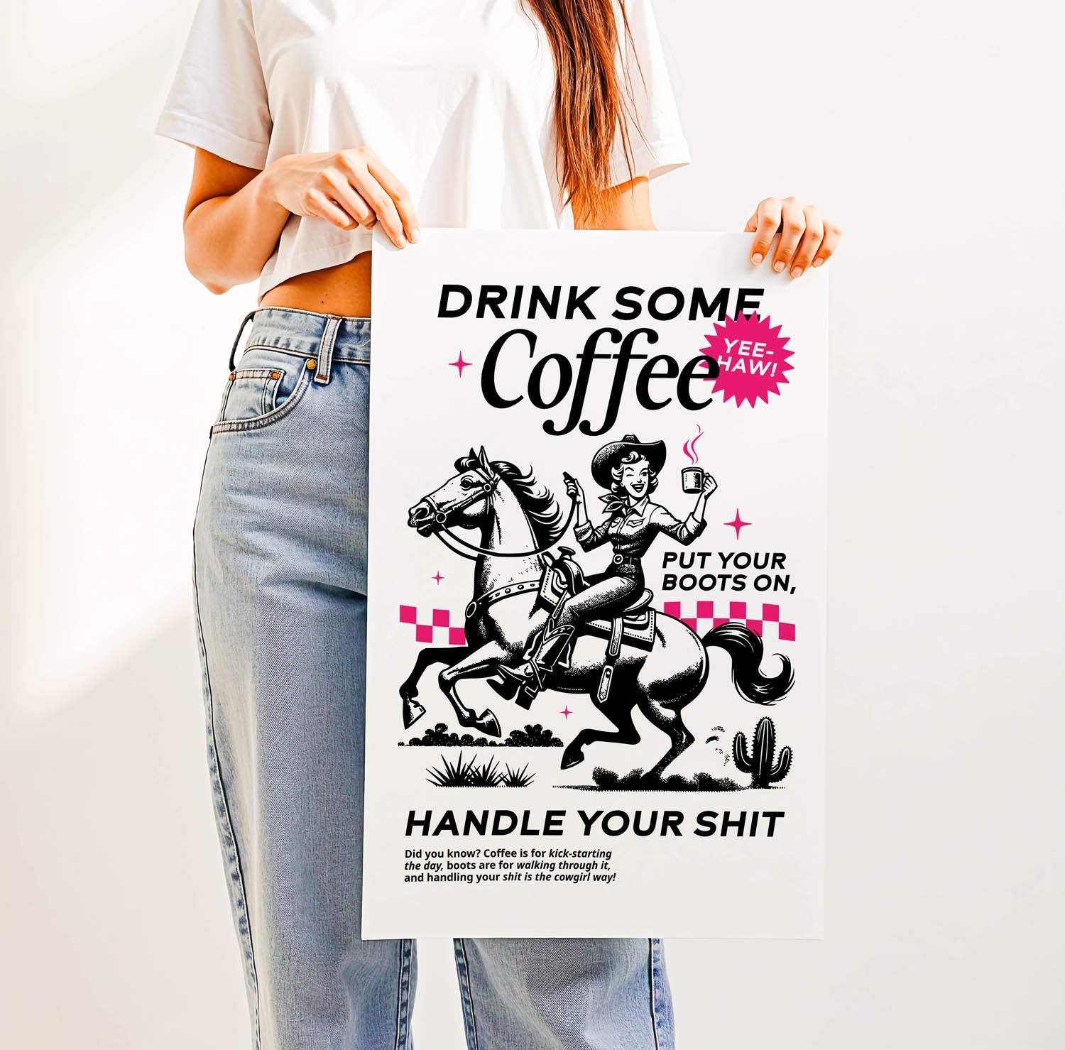 Western-inspired coffee print that says “Drink Some Coffee, Put Your Boots On, Handle Your Sh*t” — sassy retro kitchen or country home decor.