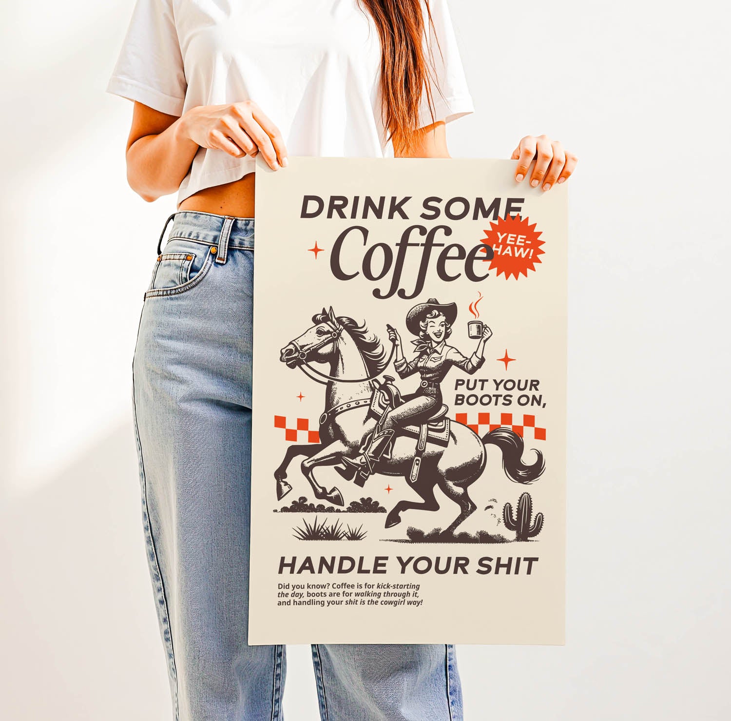 Western-inspired coffee print that says “Drink Some Coffee, Put Your Boots On, Handle Your Sh*t” — sassy retro kitchen or country home decor.