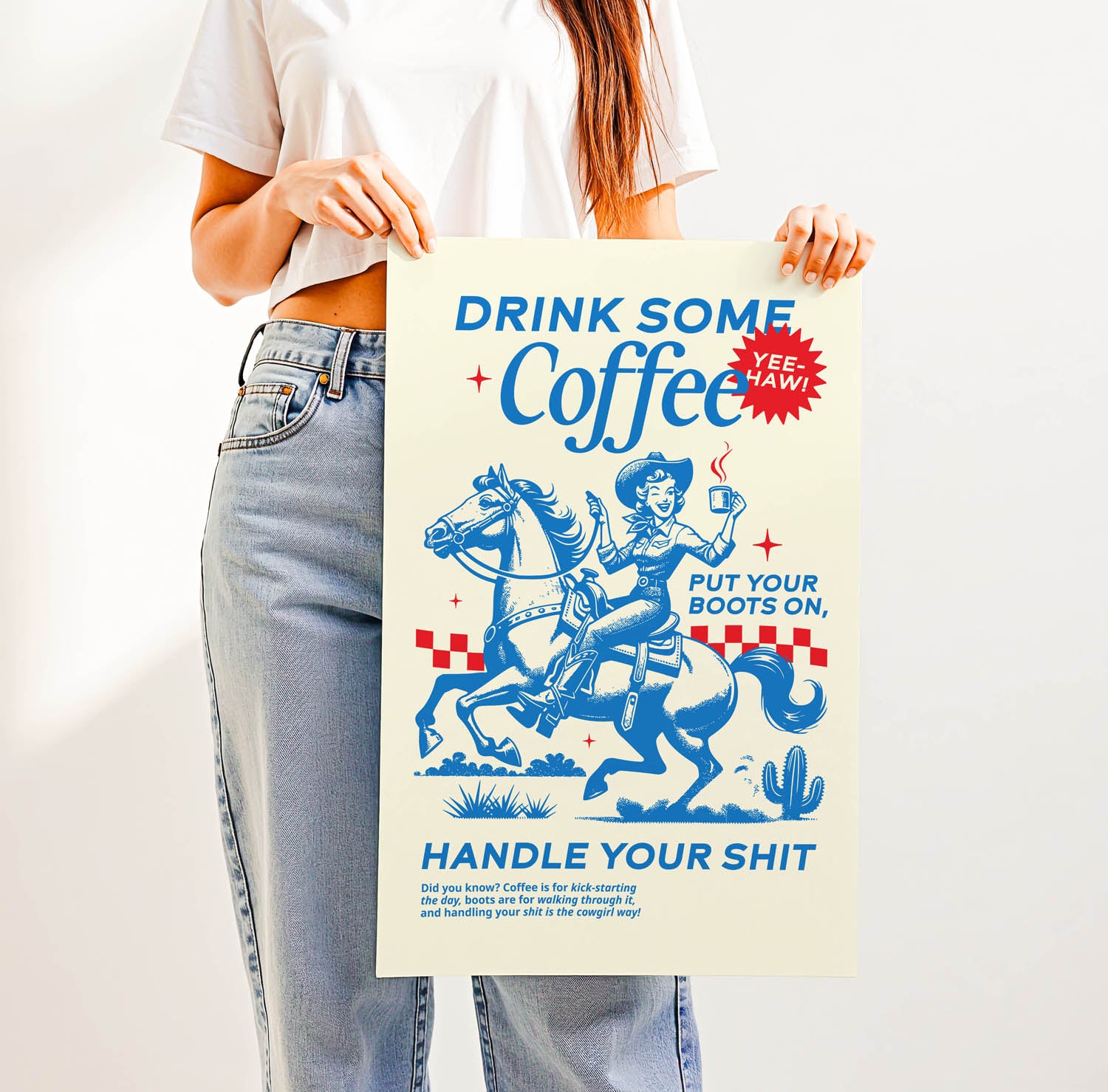 Western-inspired coffee print that says “Drink Some Coffee, Put Your Boots On, Handle Your Sh*t” — sassy retro kitchen or country home decor.