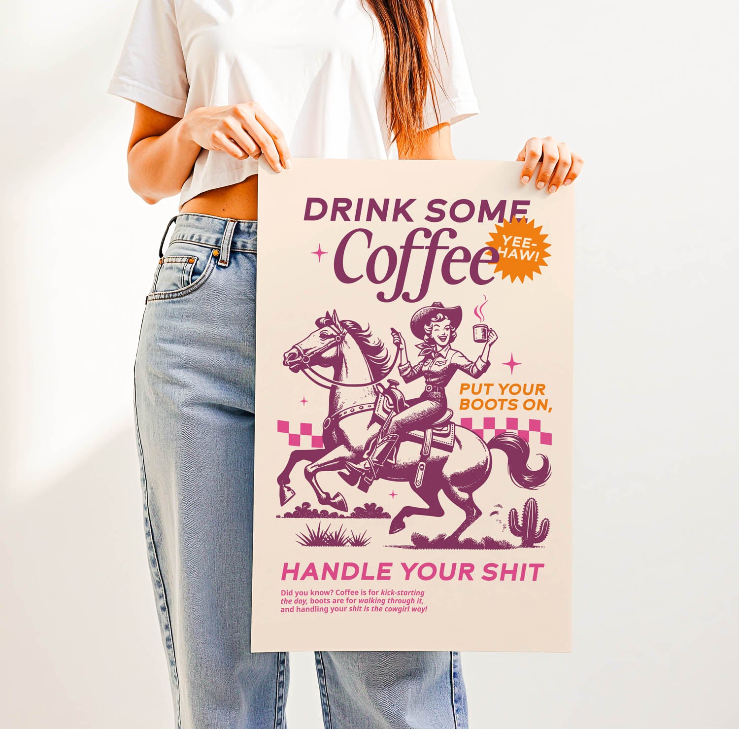 Sassy “Drink Some Coffee, Cowgirl” typography art—Western-inspired wall print with retro flair for kitchens, coffee nooks, or cowgirl-core decor.