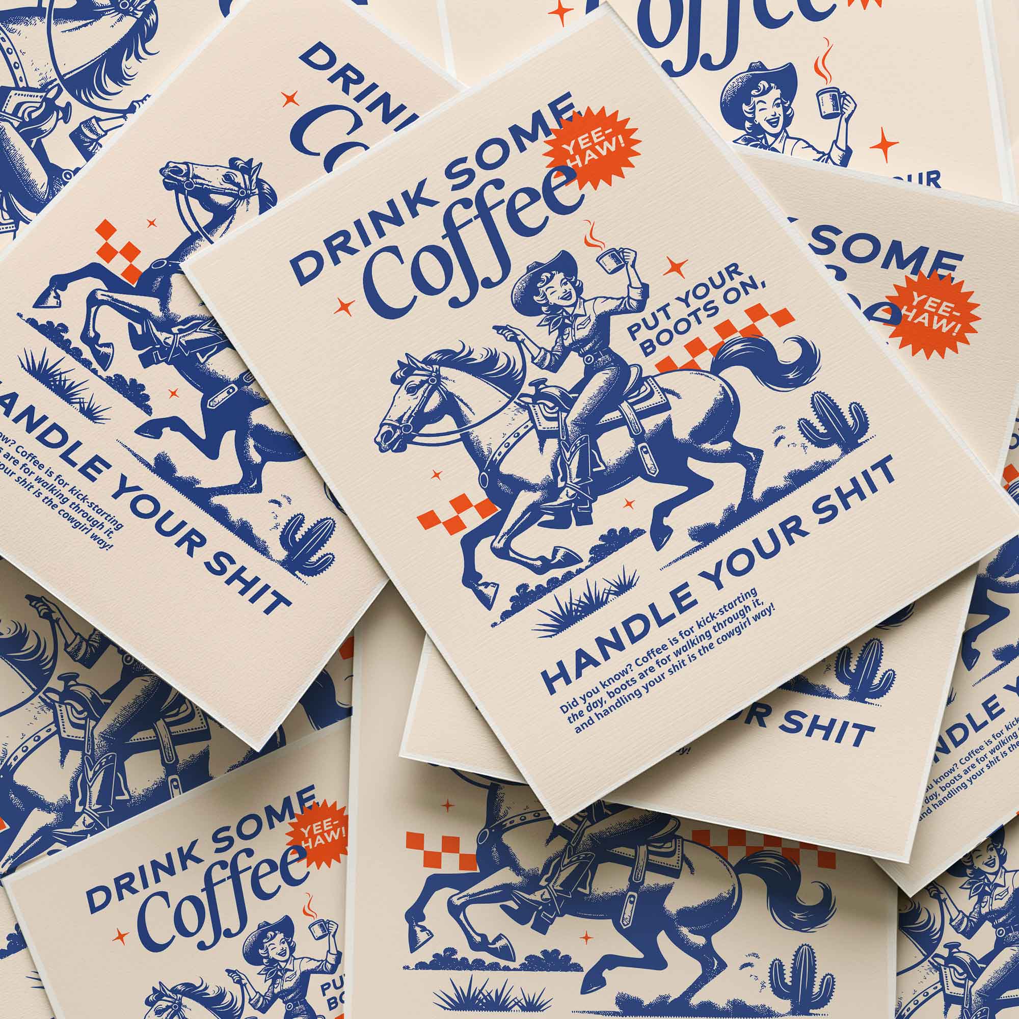 Retro cowgirl riding horse with coffee – "Drink Some Coffee Handle Your Shit" wall art print in blue and orange.