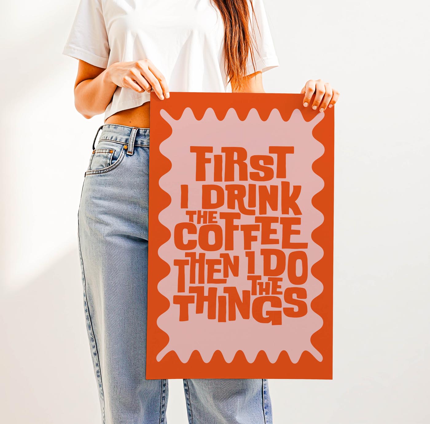Retro “First I Drink the Coffee Then I Do the Things” typography print with bold vintage lettering and a wavy border—fun 70s-style wall art for coffee lovers and cozy spaces.