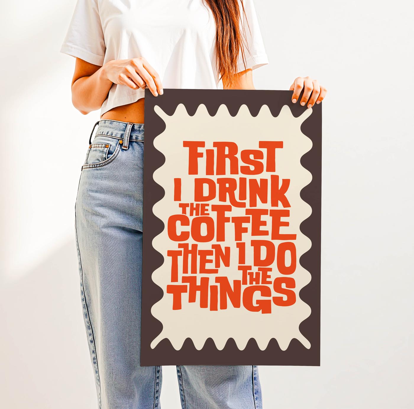 Retro “First I Drink the Coffee Then I Do the Things” typography print with bold vintage lettering and a wavy border—fun 70s-style wall art for coffee lovers and cozy spaces.