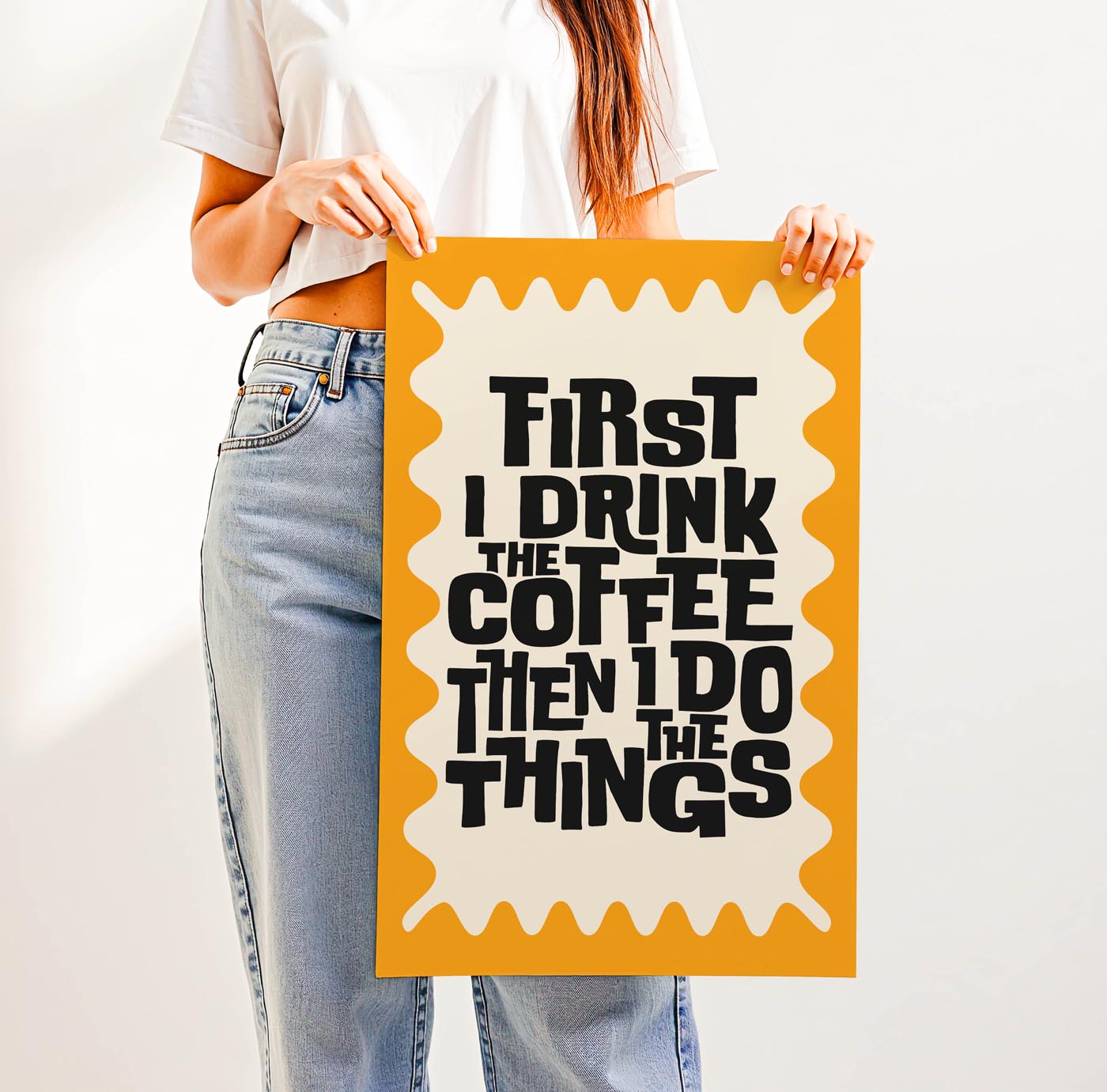 Retro “First I Drink the Coffee Then I Do the Things” typography print with bold vintage lettering and a wavy border—fun 70s-style wall art for coffee lovers and cozy spaces.