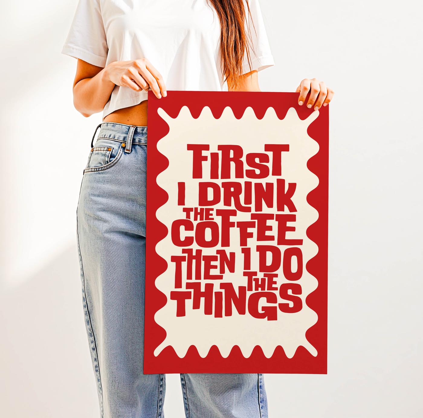 Retro “First I Drink the Coffee Then I Do the Things” typography print with bold vintage lettering and a wavy border—fun 70s-style wall art for coffee lovers and cozy spaces.