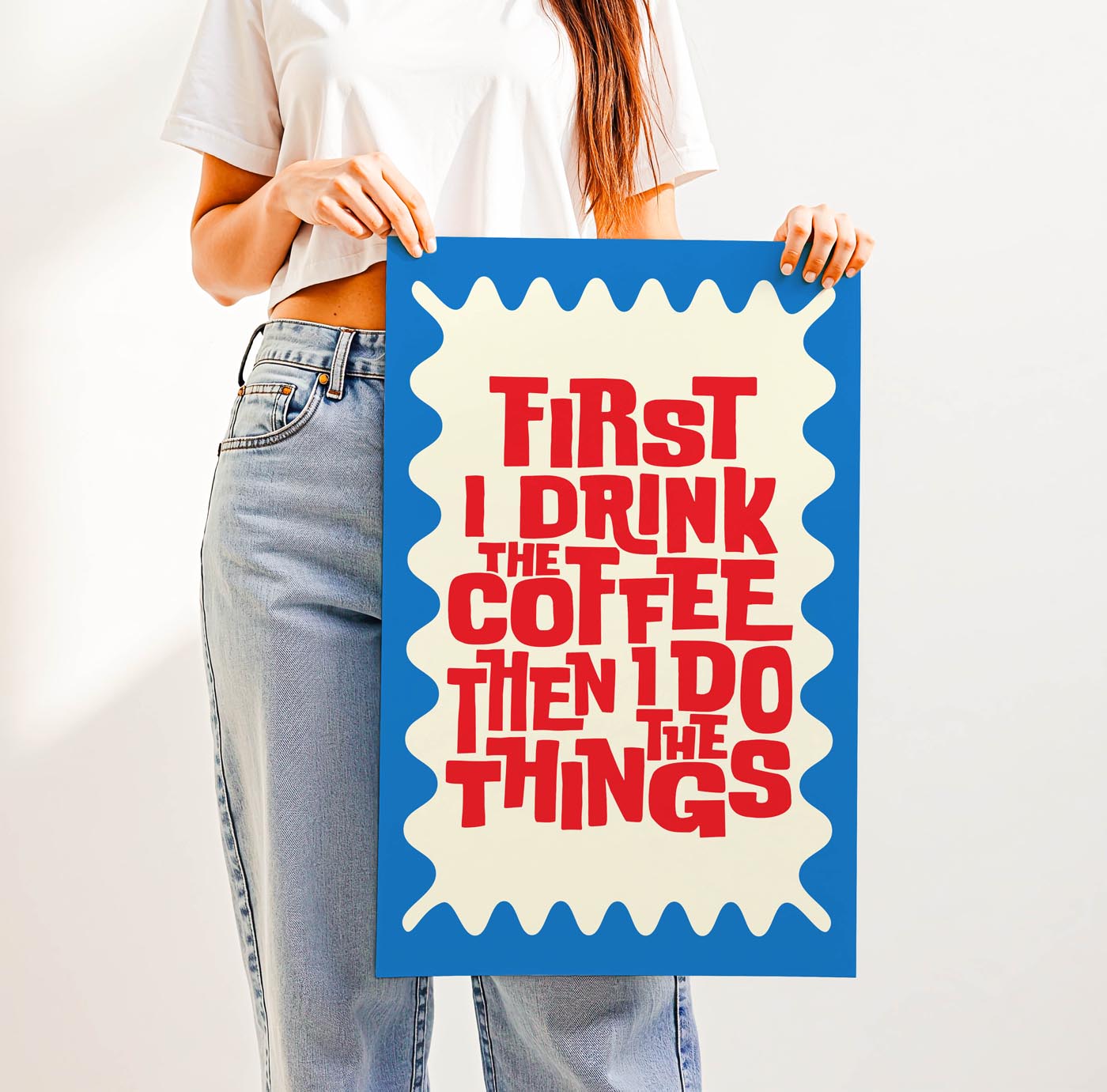 Retro “First I Drink the Coffee Then I Do the Things” typography print with bold vintage lettering and a wavy border—fun 70s-style wall art for coffee lovers and cozy spaces.