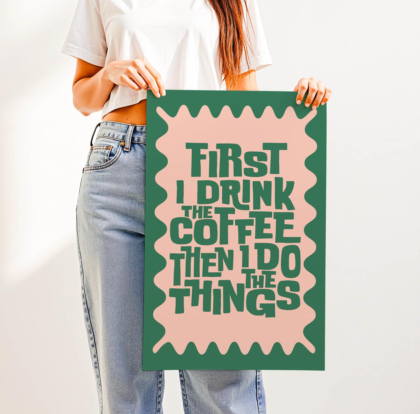 Retro “First I Drink the Coffee Then I Do the Things” typography print with bold vintage lettering and a wavy border—fun 70s-style wall art for coffee lovers and cozy spaces.