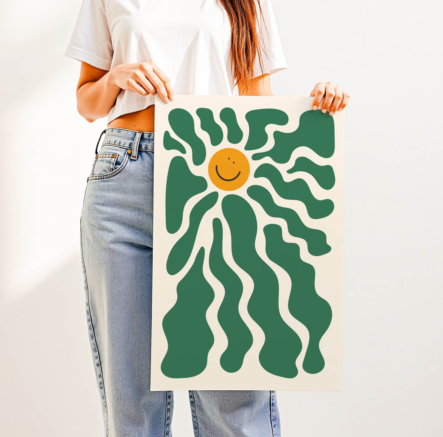 Feel-good “Here Comes the Sunshine” retro typography print—uplifting 70s-style wall art perfect for brightening bedrooms, nurseries, or gallery walls.
