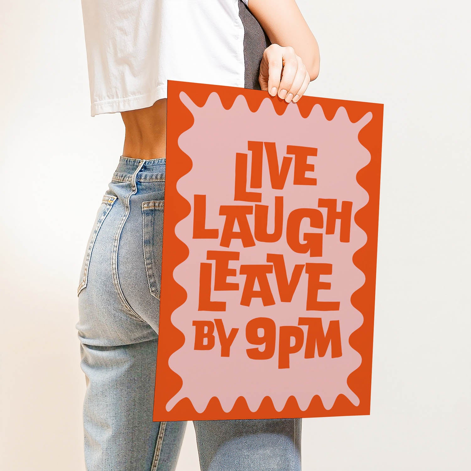 Trendy best-selling wall art print that says “Live Laugh Leave by 9PM” – retro quote decor for introverts, cozy home vibes, or modern gallery walls.